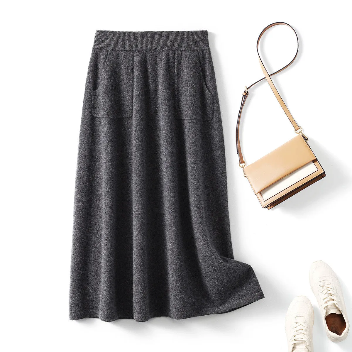 100% Cashmere Womens Knit Pleated Skirt