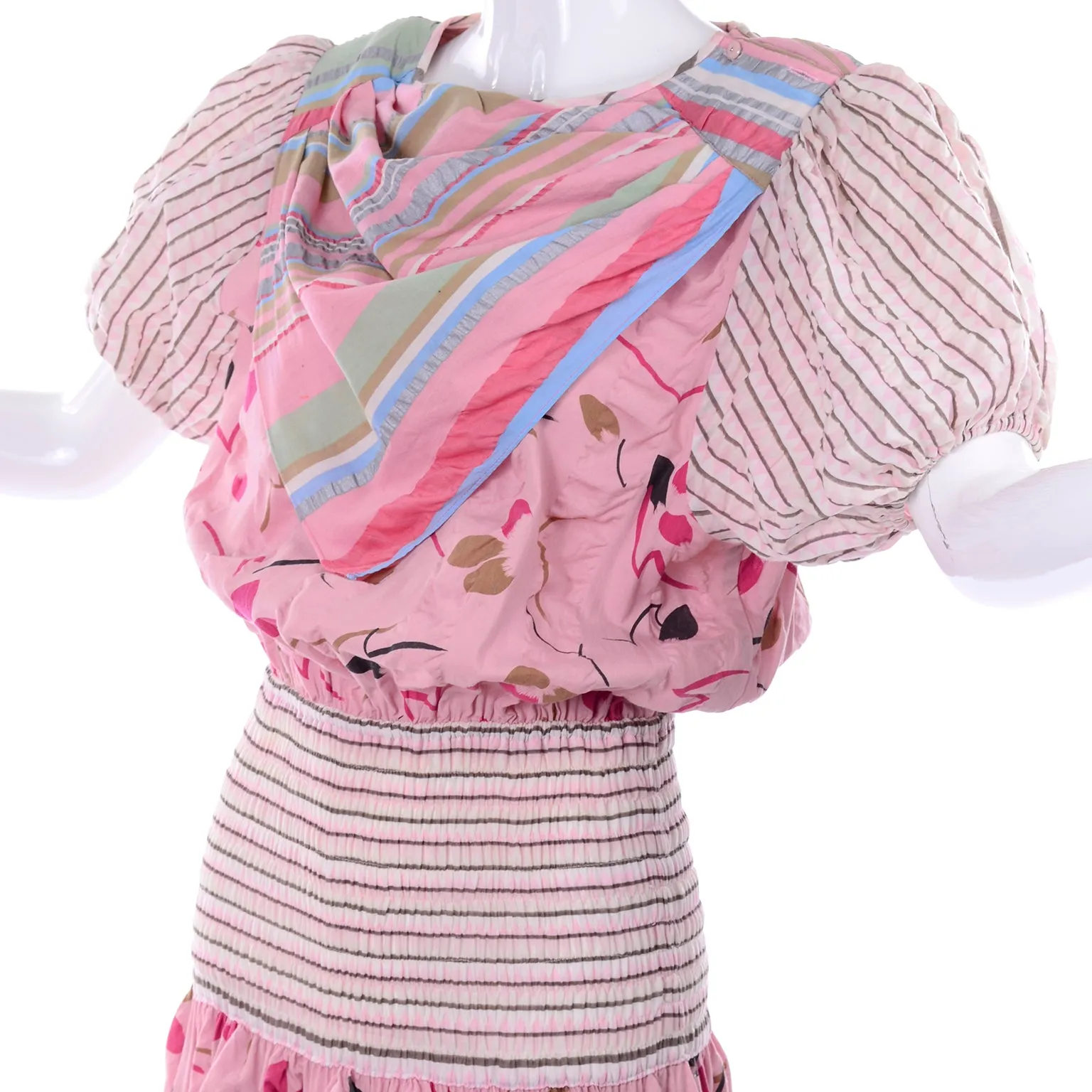 1980s Diane Freis Pink Pastel Seersucker Cotton Dress & Scarf w/ Floral & Stripes