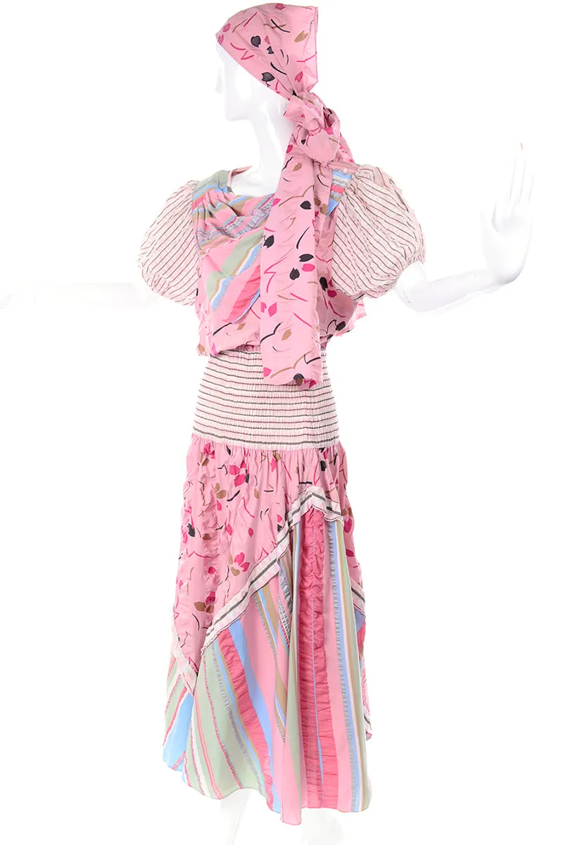 1980s Diane Freis Pink Pastel Seersucker Cotton Dress & Scarf w/ Floral & Stripes