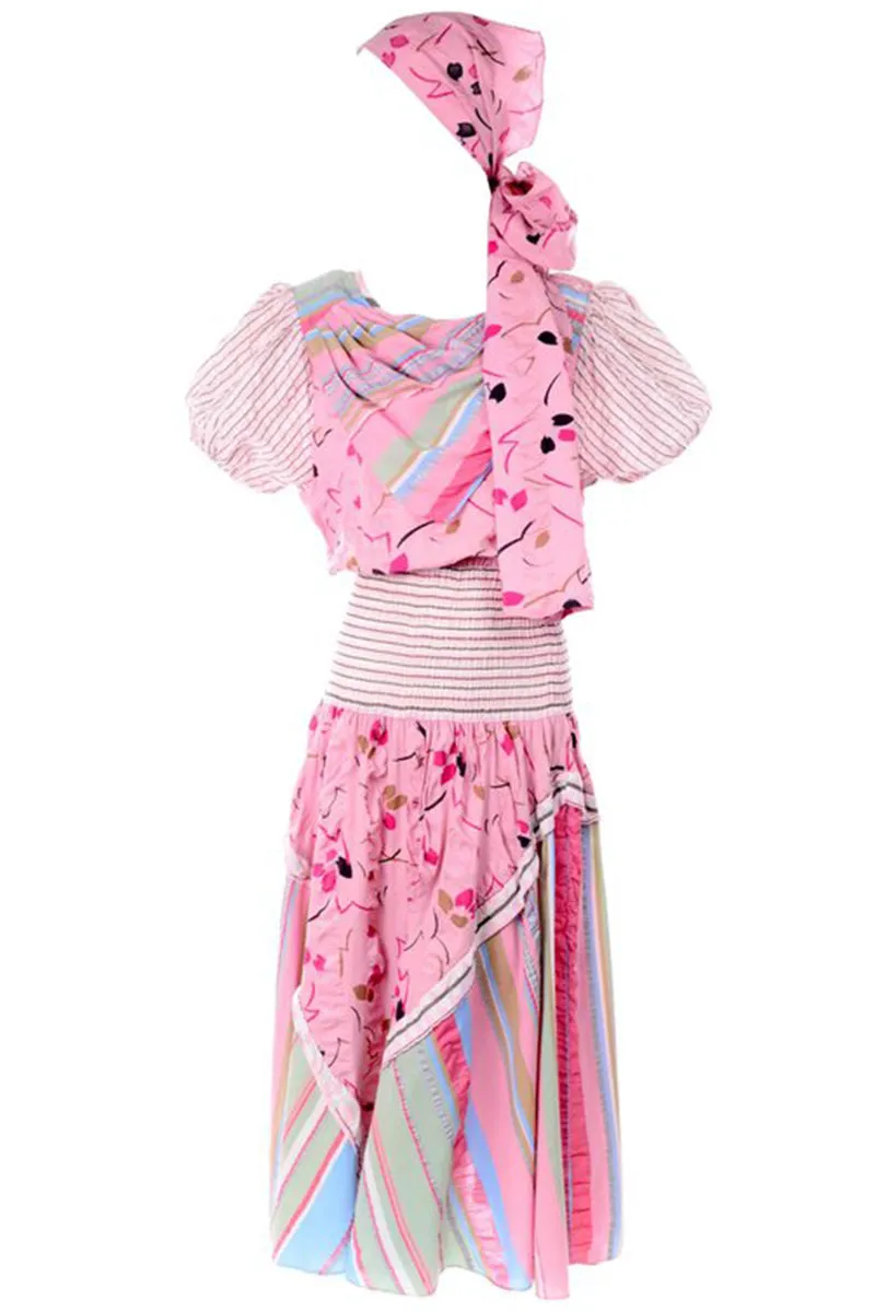 1980s Diane Freis Pink Pastel Seersucker Cotton Dress & Scarf w/ Floral & Stripes