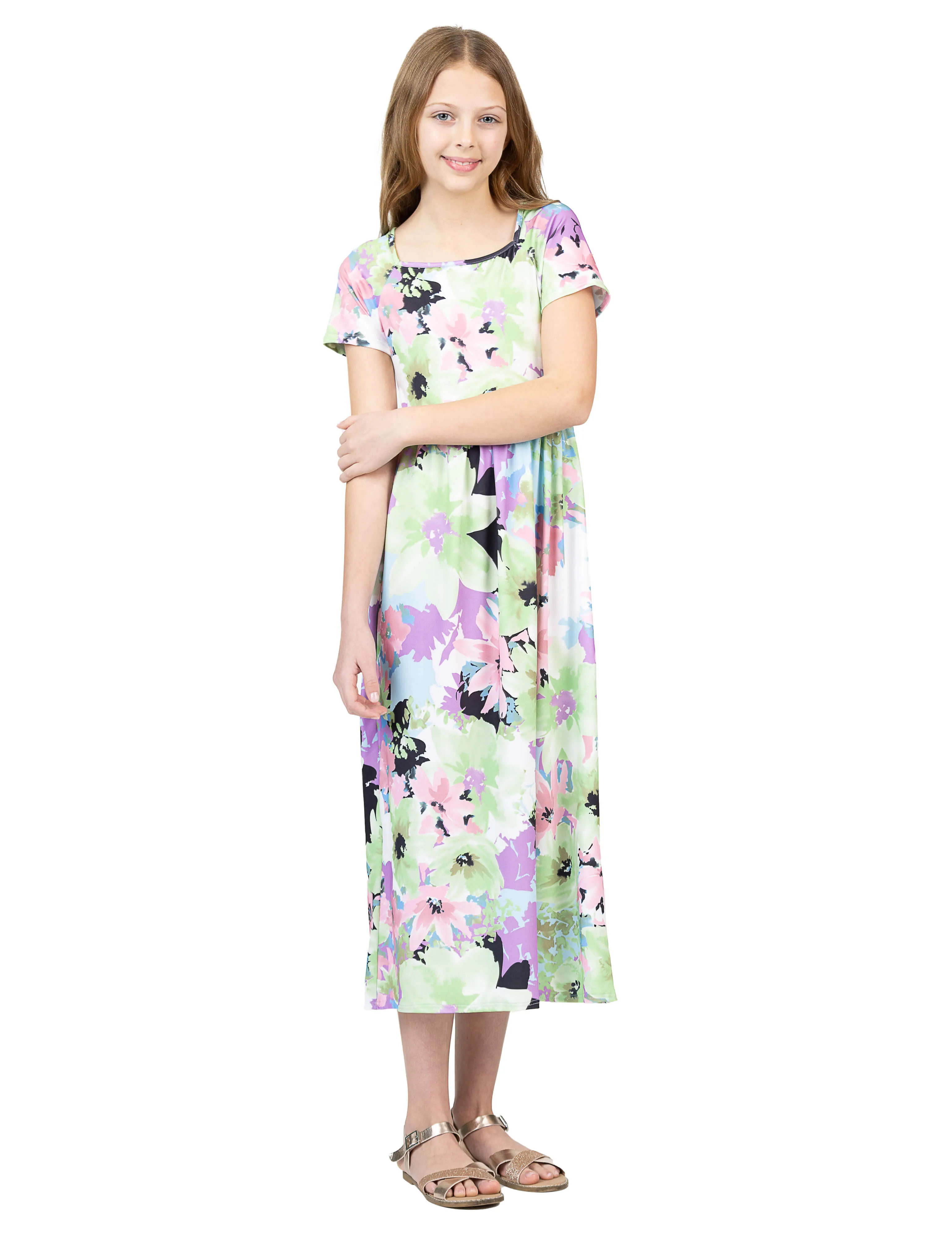 24sevenkid Girls Pastel Floral Print Short Sleeve Maxi Dress