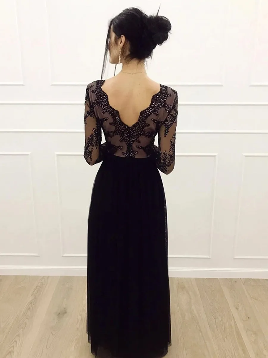 A Line Long Sleeves V Neck Lace Black Prom Dresses with Split, V Neck Long Sleeves Black Lace Formal Dresses, Black Lace Evening Dresses