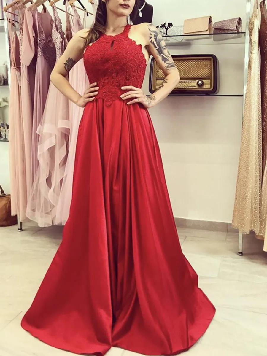 A Line Red Lace Long Prom, Long Red Lace Formal Graduation Evening