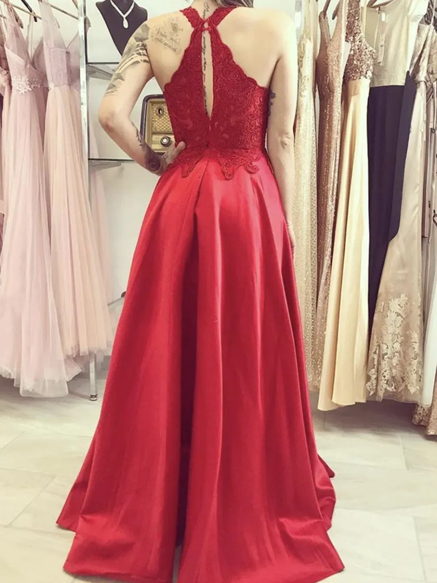 A Line Red Lace Long Prom, Long Red Lace Formal Graduation Evening