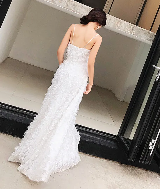 A Line Spaghetti Straps V Neck Backless White Lace Long Prom Dresses, White Lace Formal Dresses, Evening Dresses