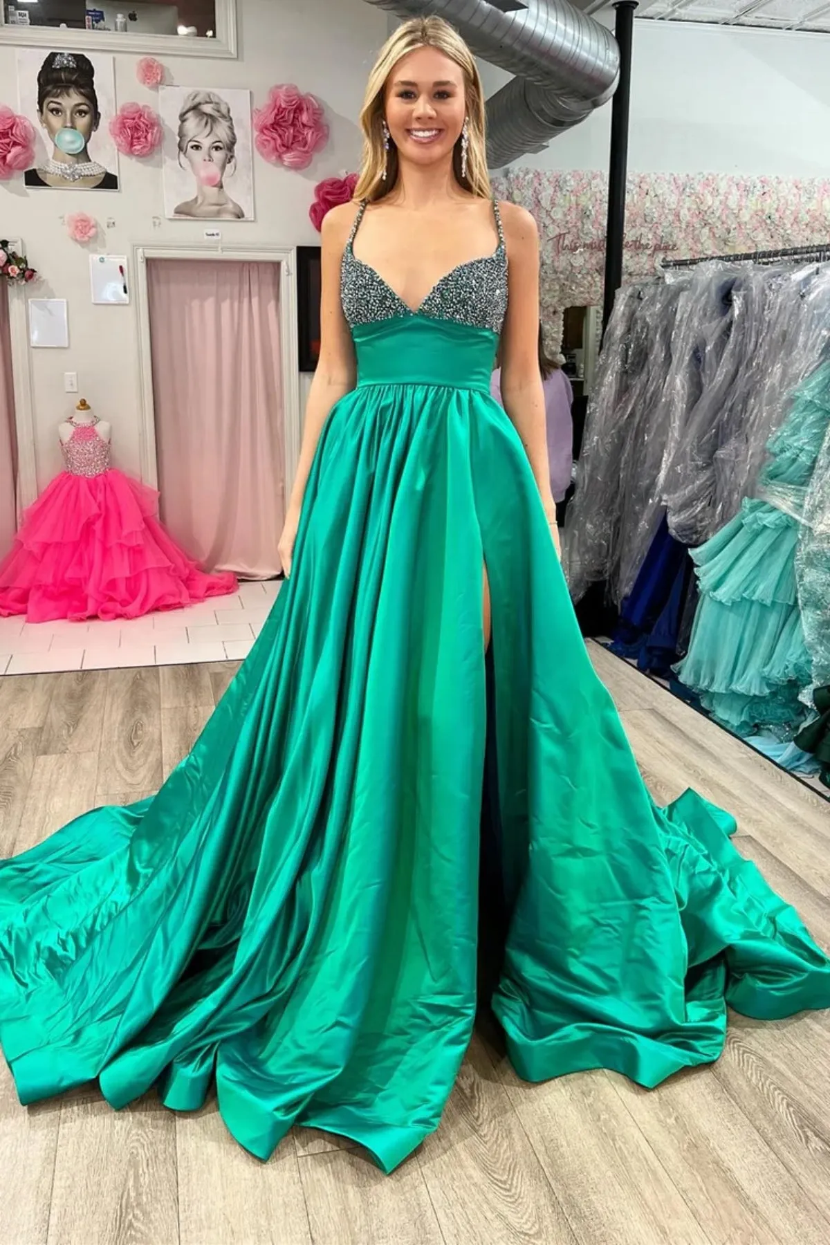 A Line V Neck Beaded Green Long Prom Dress with High Slit, Long Green Formal Graduation Evening Dress A2011