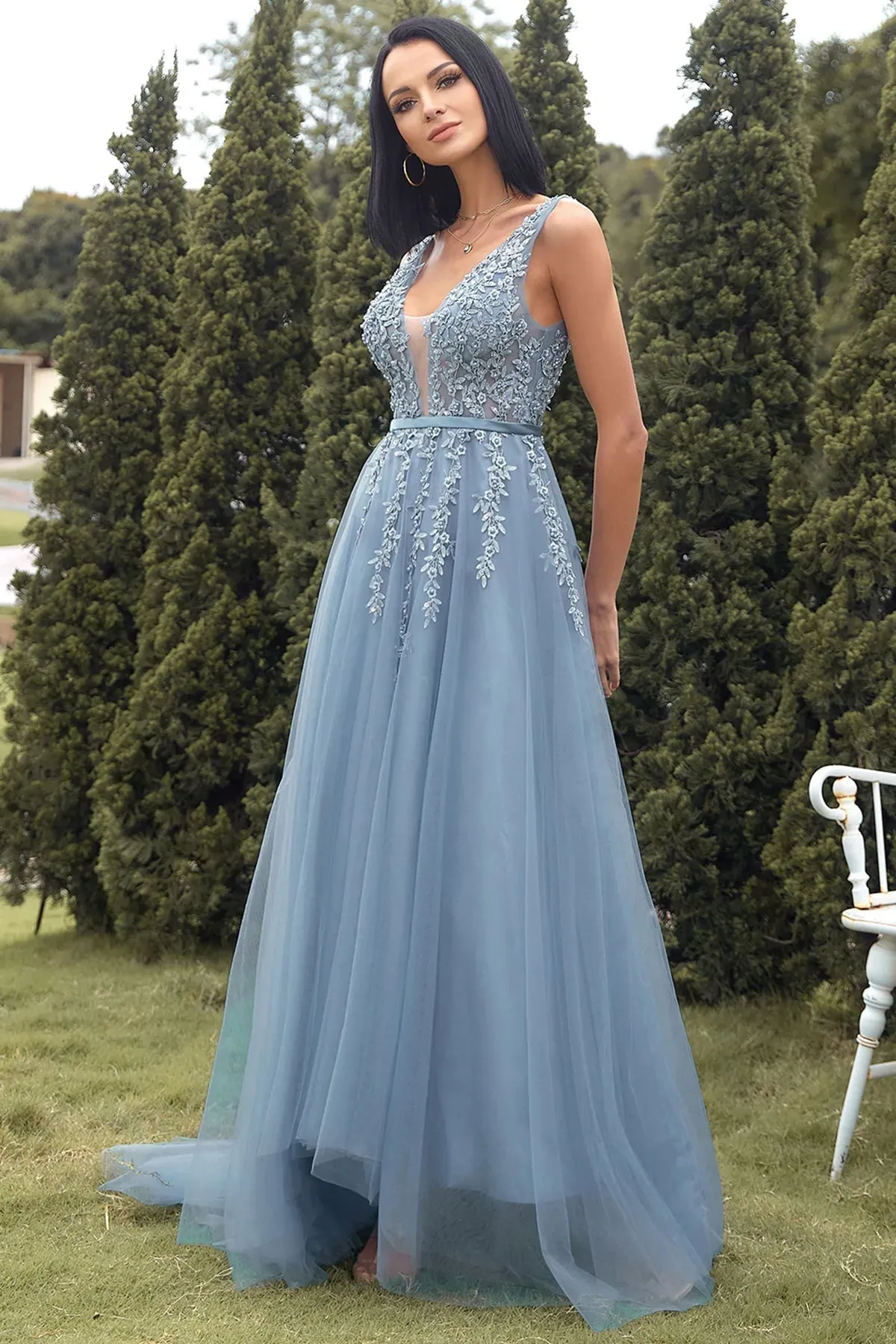 A Line V Neck Blue Lace Tulle Long Prom Dresses, Blue Lace Formal Dresses, Blue Evening Dresses