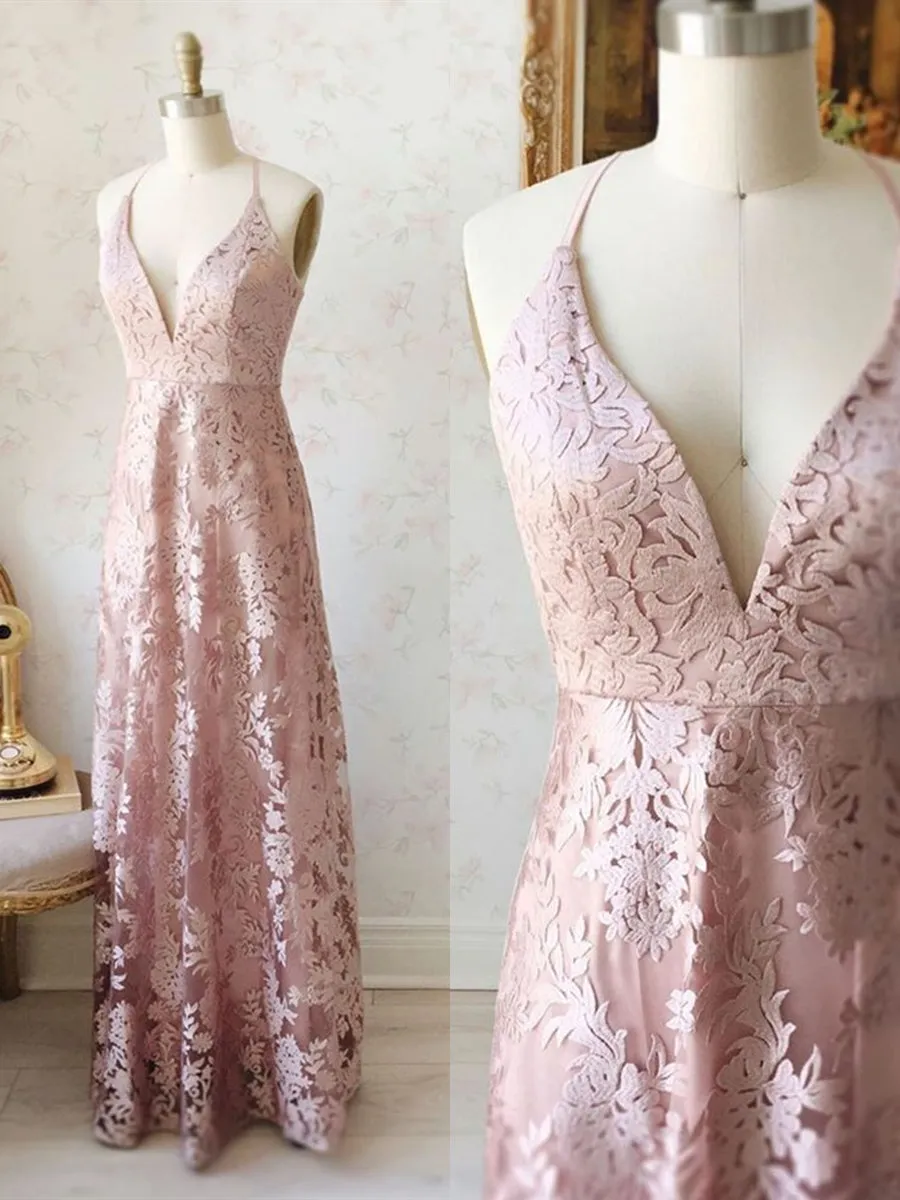 A Line V Neck Pink Lace Long Prom, Pink Lace Formal, Pink Evening