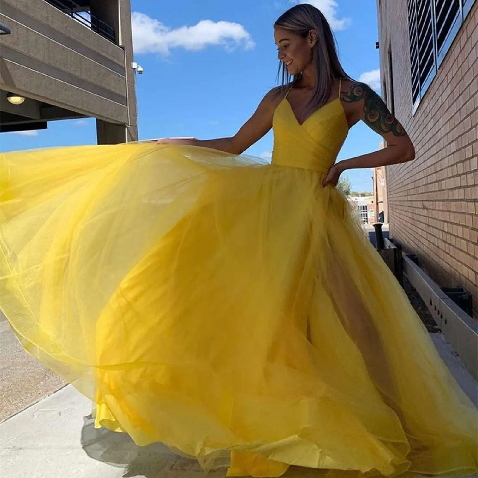 A Line V Neck Yellow Tulle Long Prom Dresses, V Neck Yellow Formal Graduation Evening Dresses