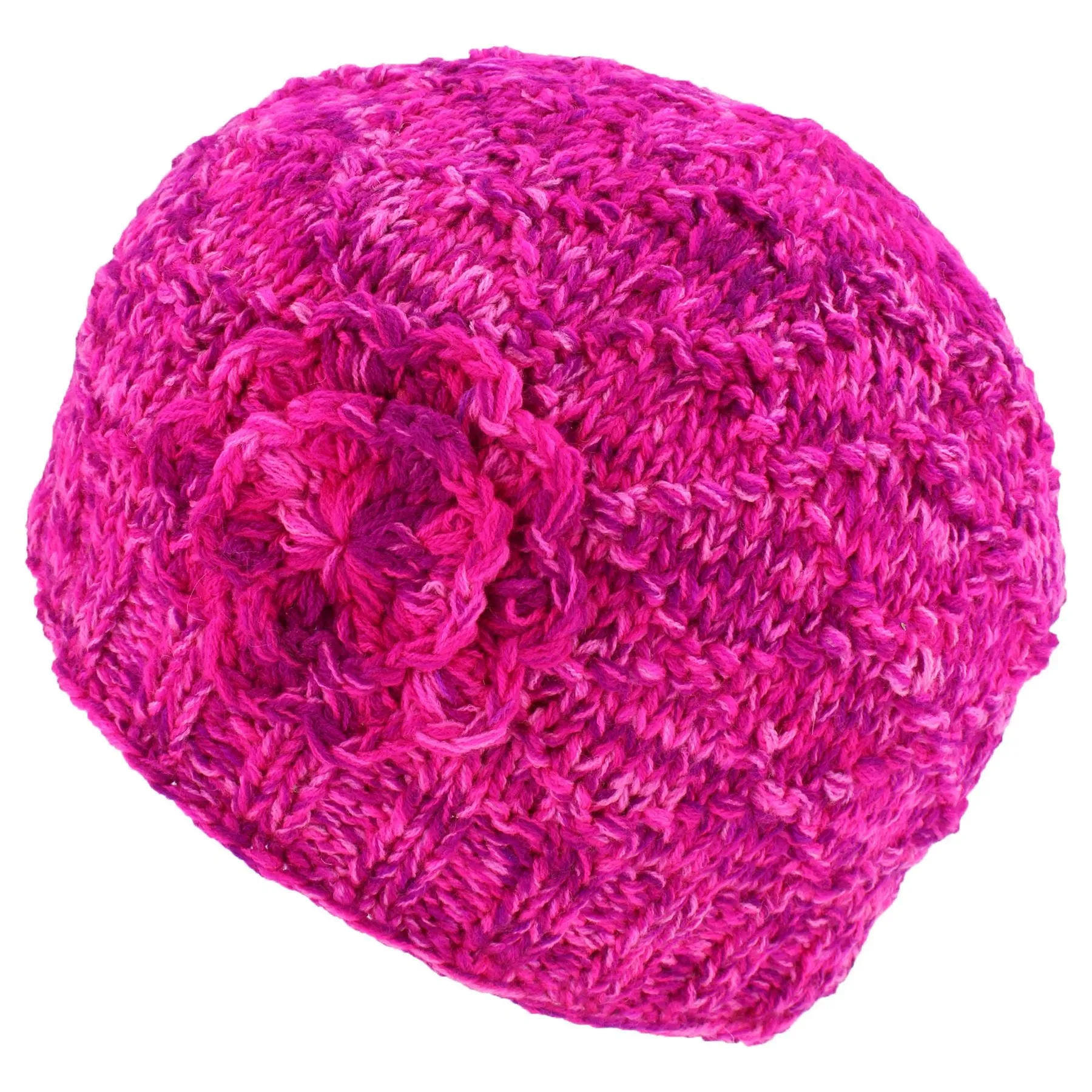 Acrylic Knit Flower Beanie Hat - Pink