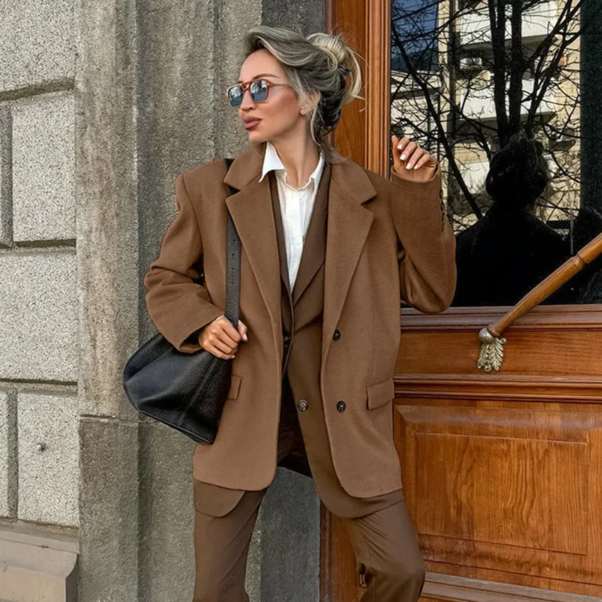 Advbridge Fall outfits Brown Woolen Overcoat for Women 2024 Winter French Retro Loose Thickened Casual Suit Jacket Old Money Style Wear