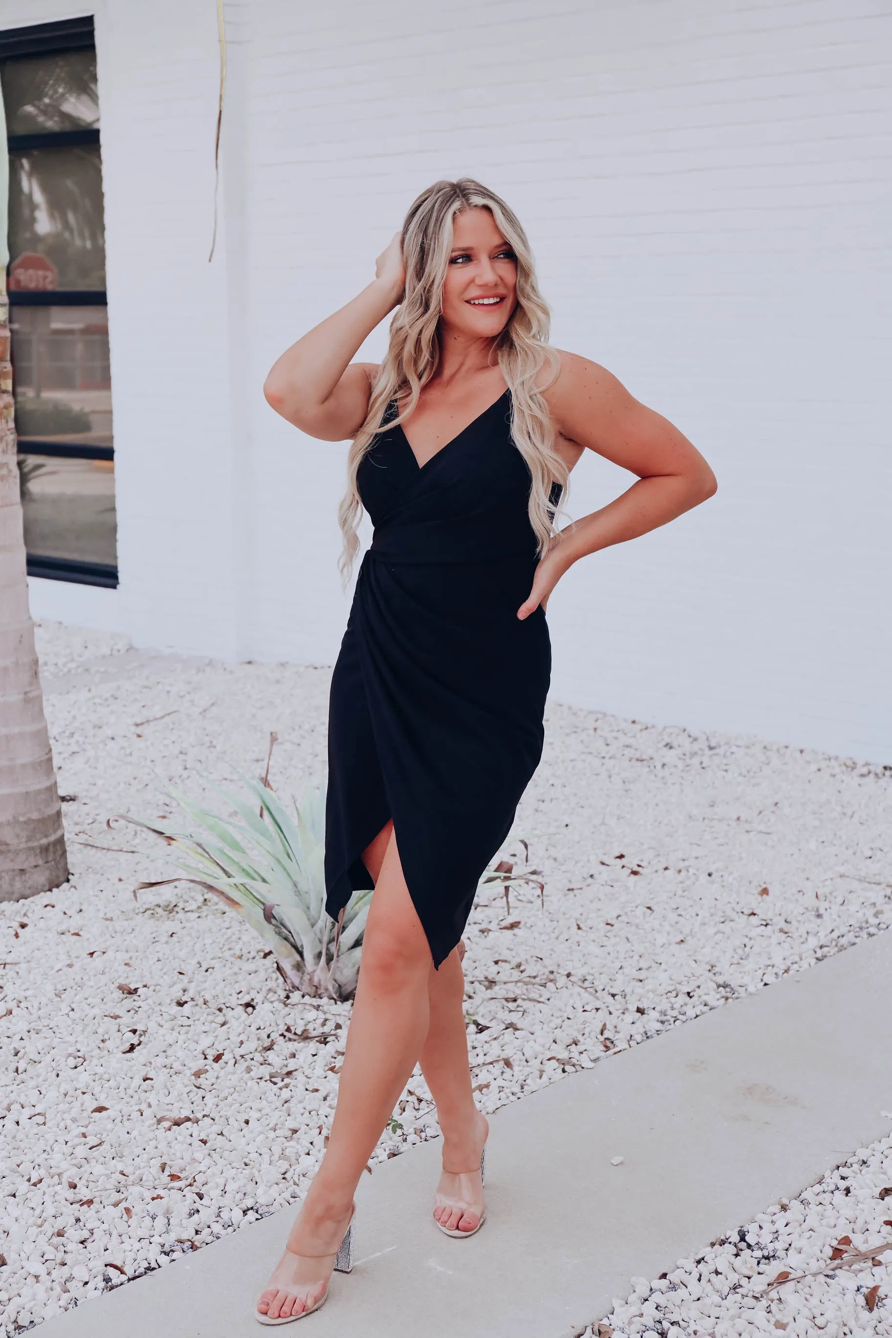 Alluring Wrapped Midi Dress - Black