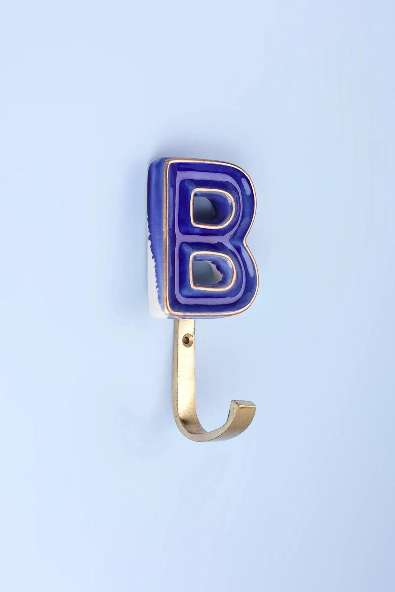 Alphabet Royal Blue Crackle Glazed Hooks In Antique Brass