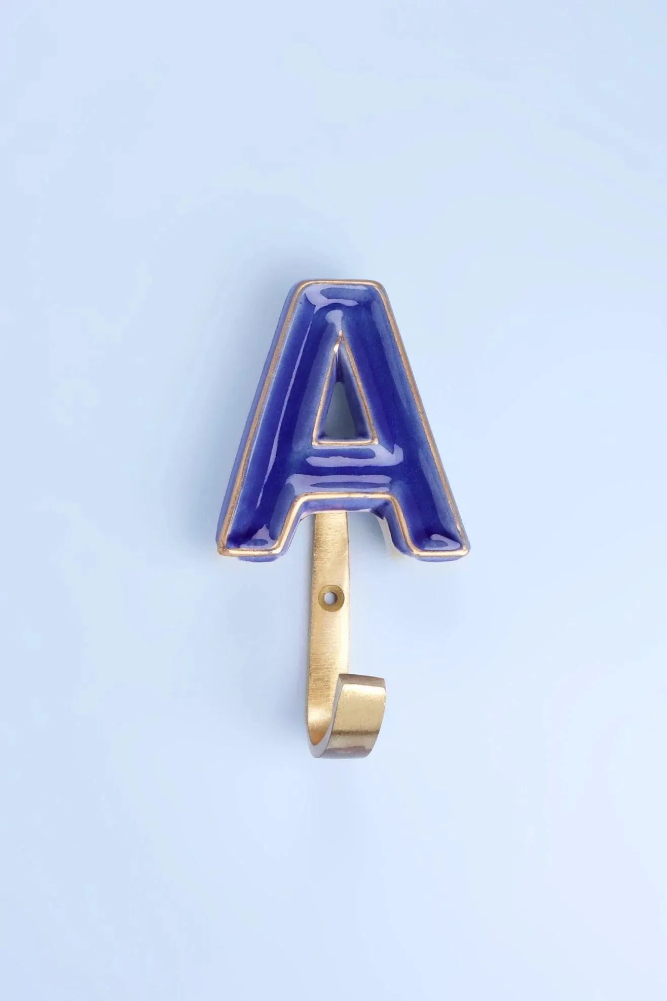 Alphabet Royal Blue Crackle Glazed Hooks In Antique Brass