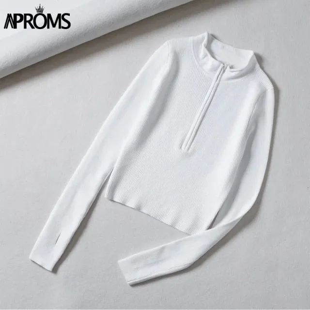 Aproms Elegant High Neck Zipper Front Knitted Sweater Women Solid Basic Cropped Pullover Winter Spring Fashion Clothing Top 2021