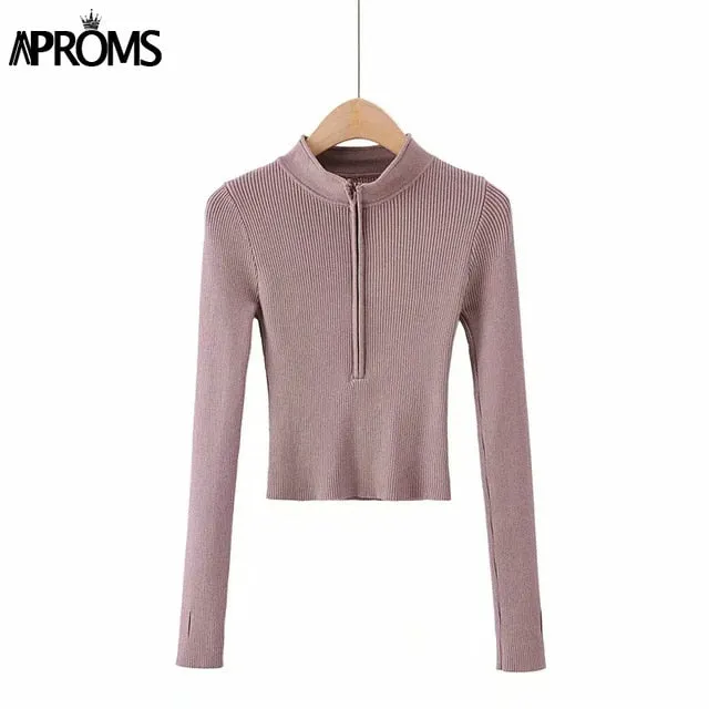 Aproms Elegant High Neck Zipper Front Knitted Sweater Women Solid Basic Cropped Pullover Winter Spring Fashion Clothing Top 2021