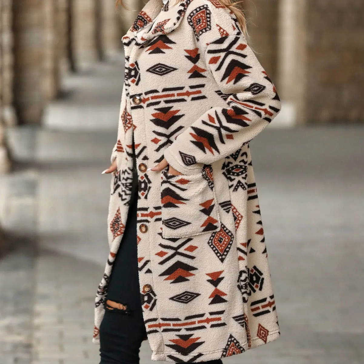 Autumn Winter Women Clothing Single Breasted Ethnic Print Plush Long Overcoat Outerwear