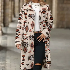 Autumn Winter Women Clothing Single Breasted Ethnic Print Plush Long Overcoat Outerwear