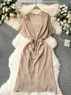 Beige Gathered Waist Knit Dress