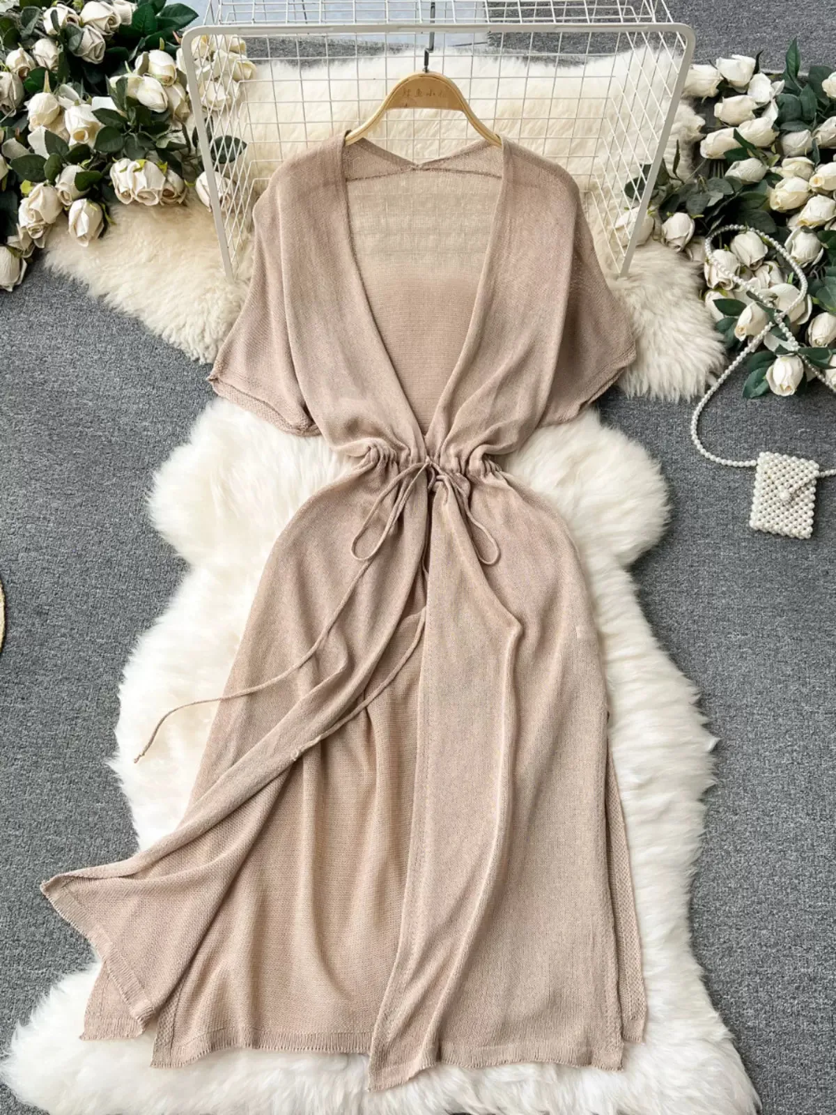 Beige Gathered Waist Knit Dress