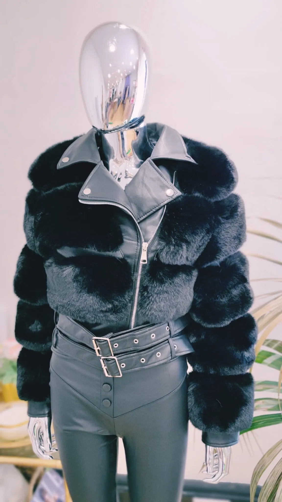 Bianca Black Double Belt Faux Fur Coat