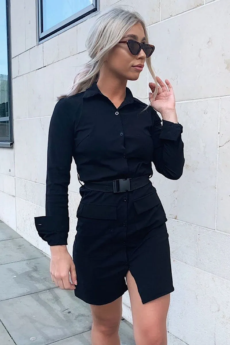 Black Buckle Belted Utility Shirt Dress - Layla