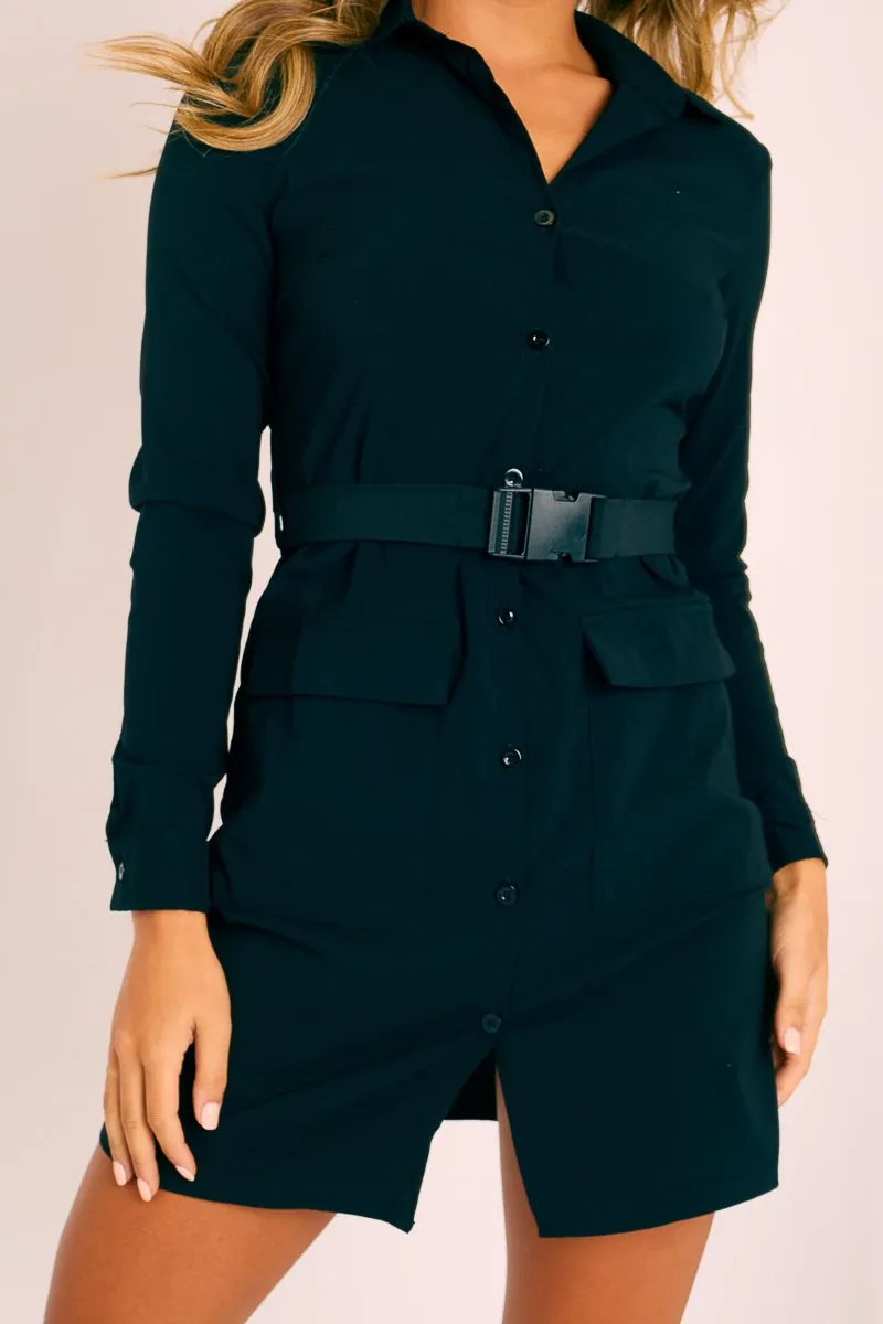 Black Buckle Belted Utility Shirt Dress - Layla