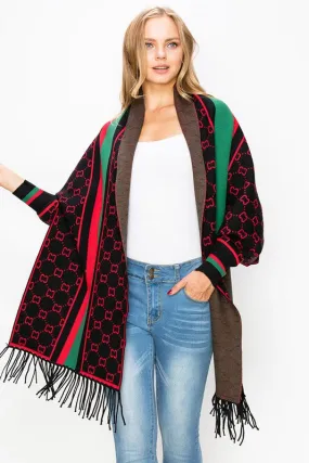 Black Fancy Poncho With Tassel