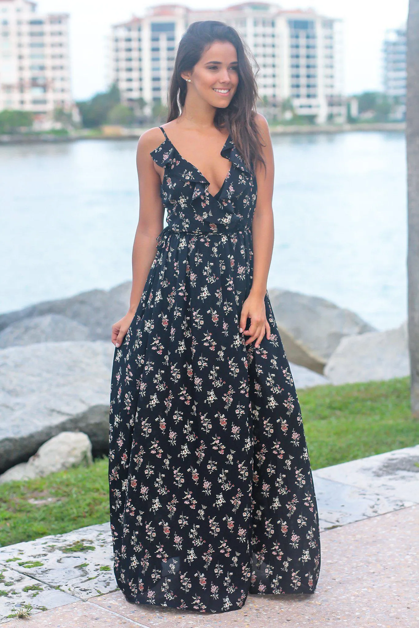 Black Floral Wrap Dress