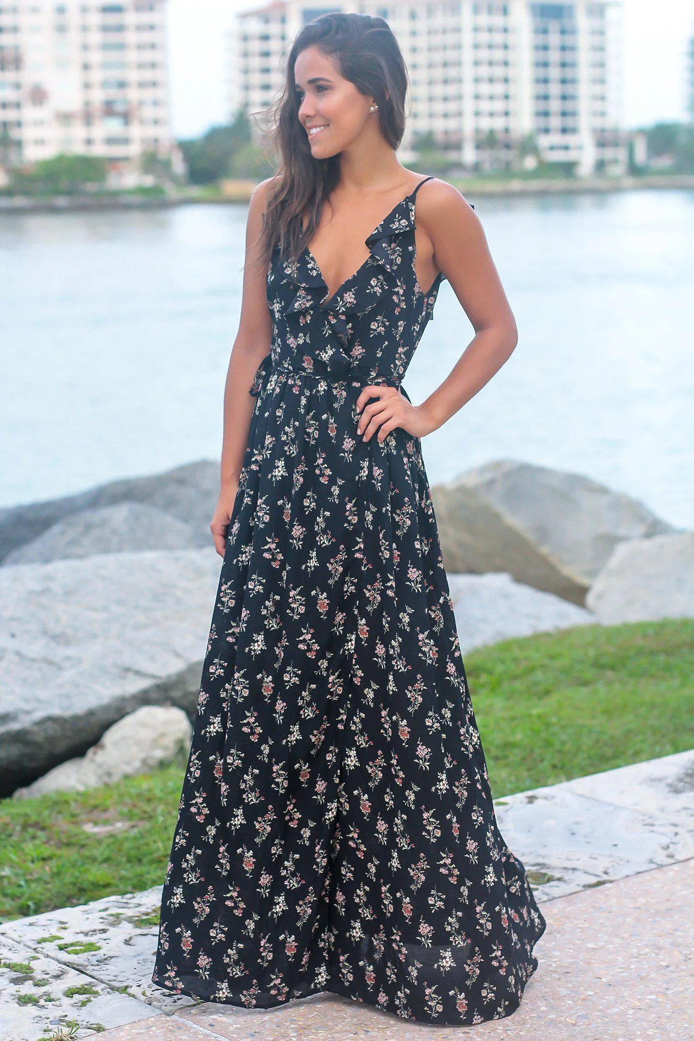 Black Floral Wrap Dress