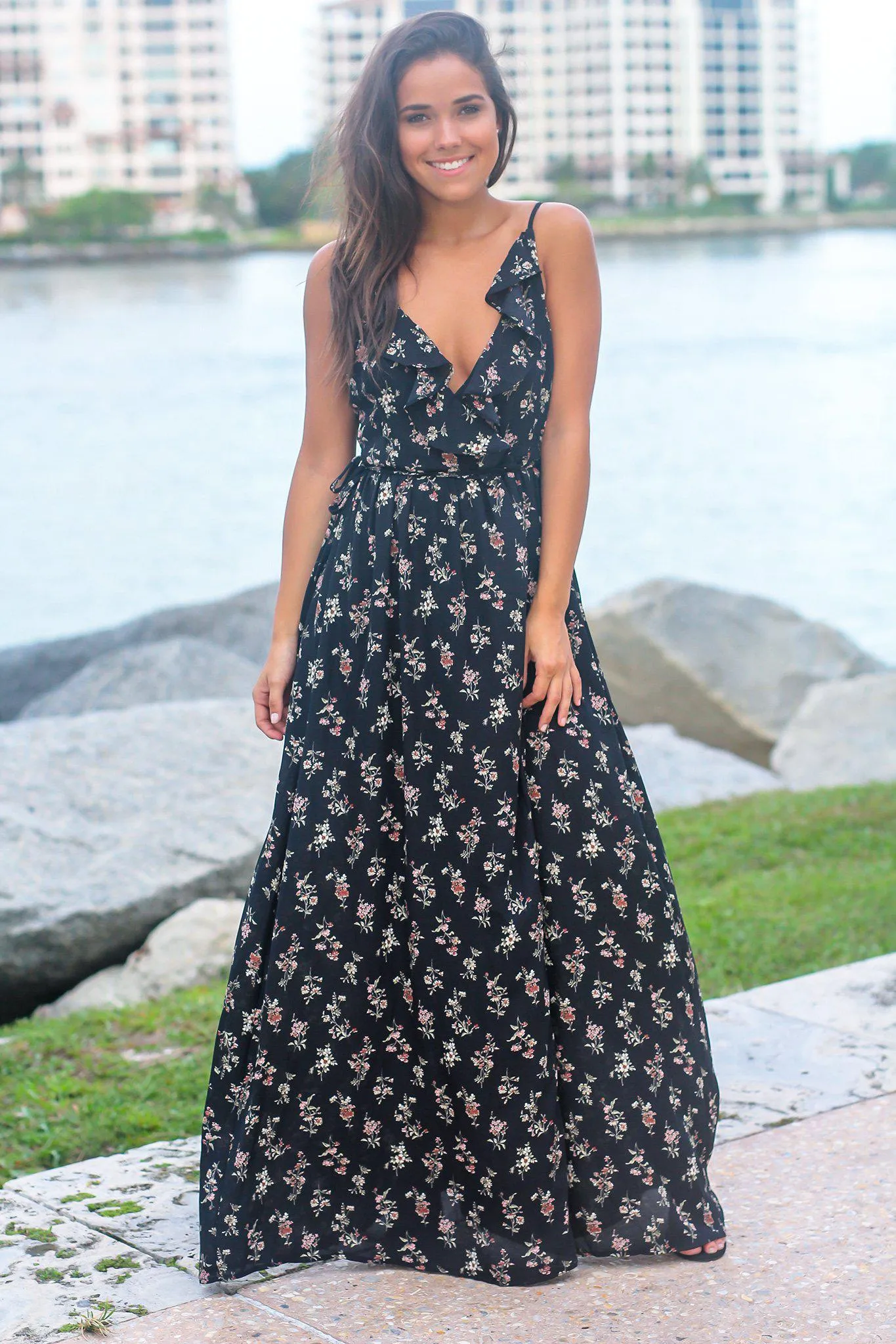 Black Floral Wrap Dress