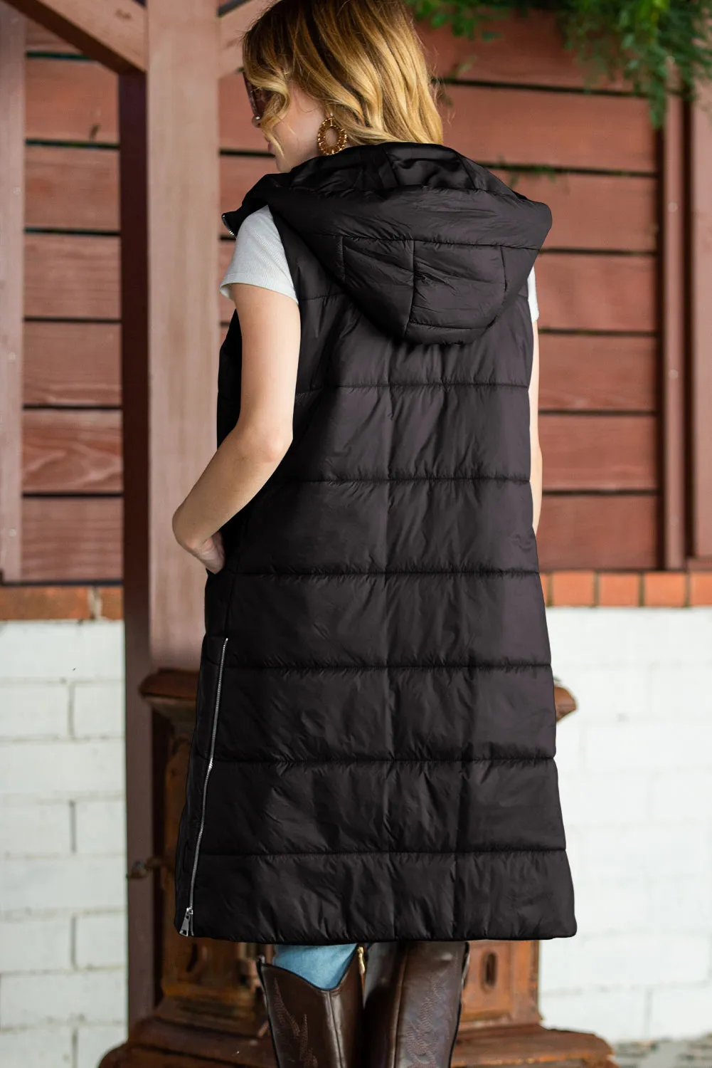 Black Hooded Pocketed Quilted Long Vest Coat