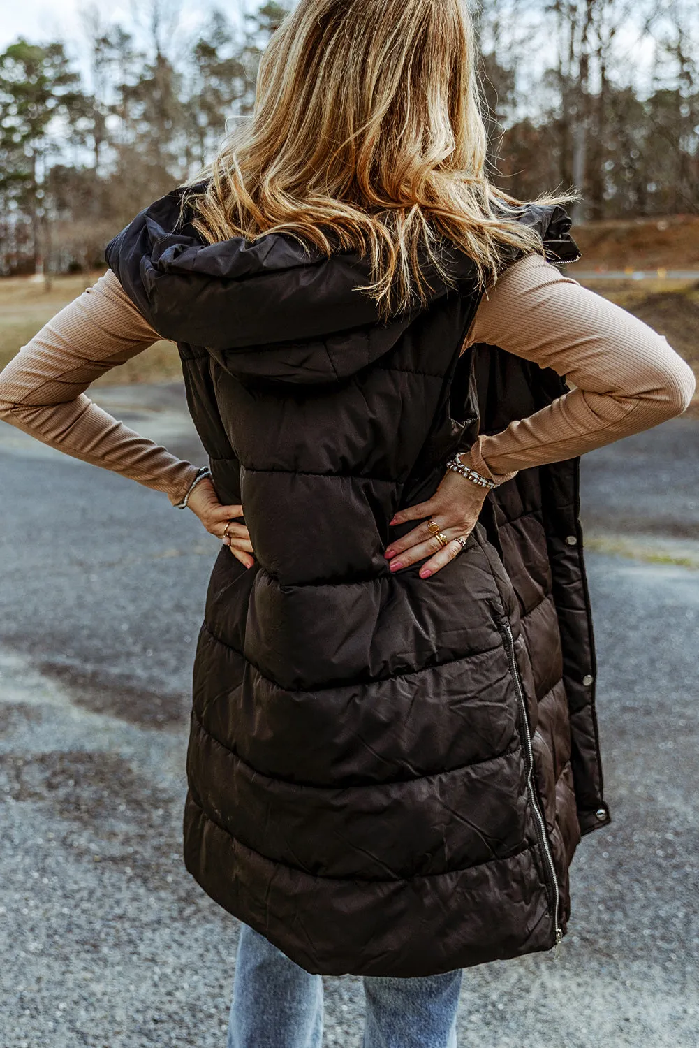 Black Hooded Pocketed Quilted Long Vest Coat