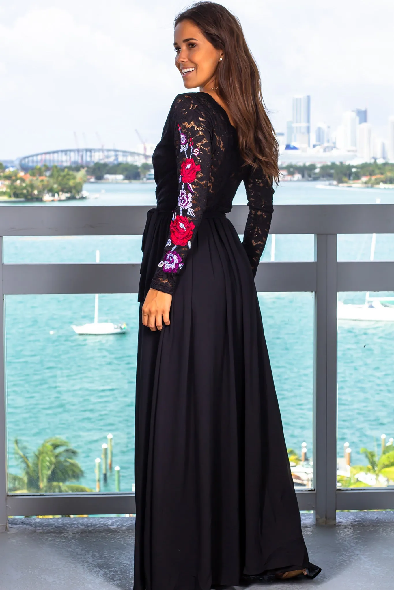 Black Lace Wrap Dress with Long Sleeves