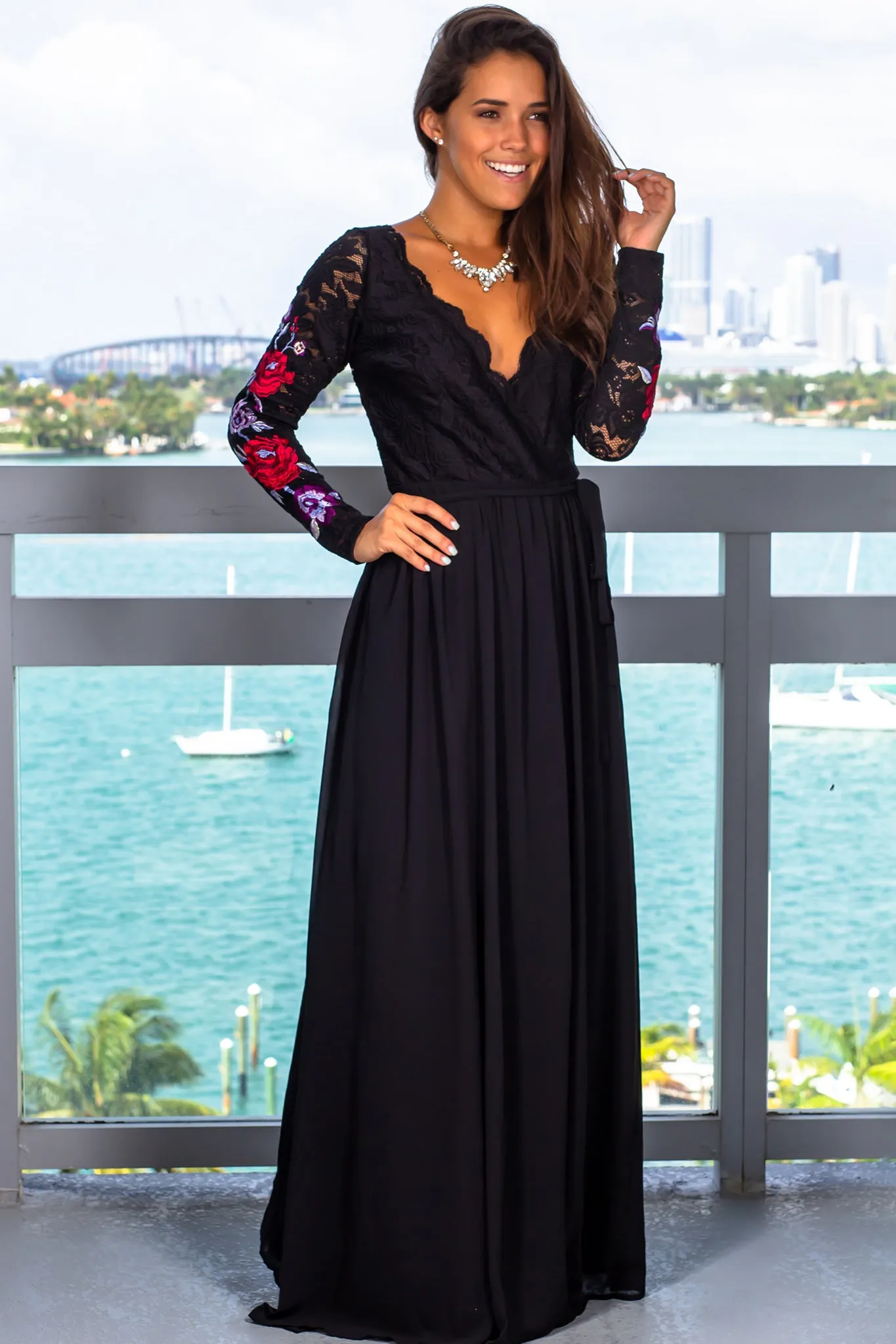 Black Lace Wrap Dress with Long Sleeves