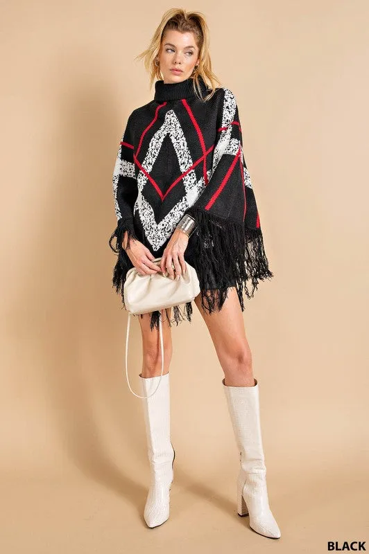 Black Plaid Fringe Turtle Neck Poncho