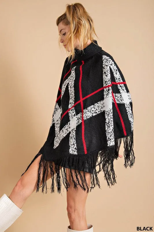 Black Plaid Fringe Turtle Neck Poncho