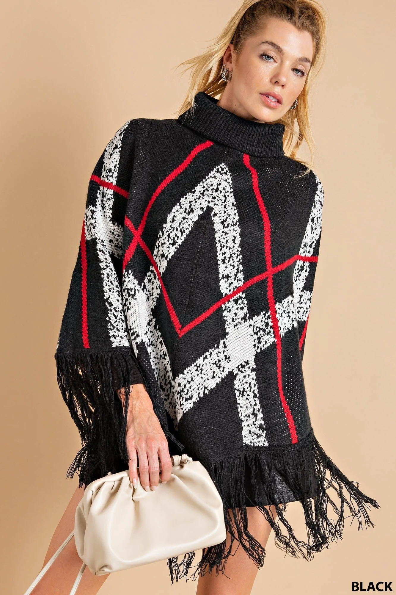 Black Plaid Fringe Turtle Neck Poncho