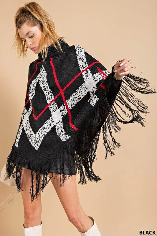 Black Plaid Fringe Turtle Neck Poncho