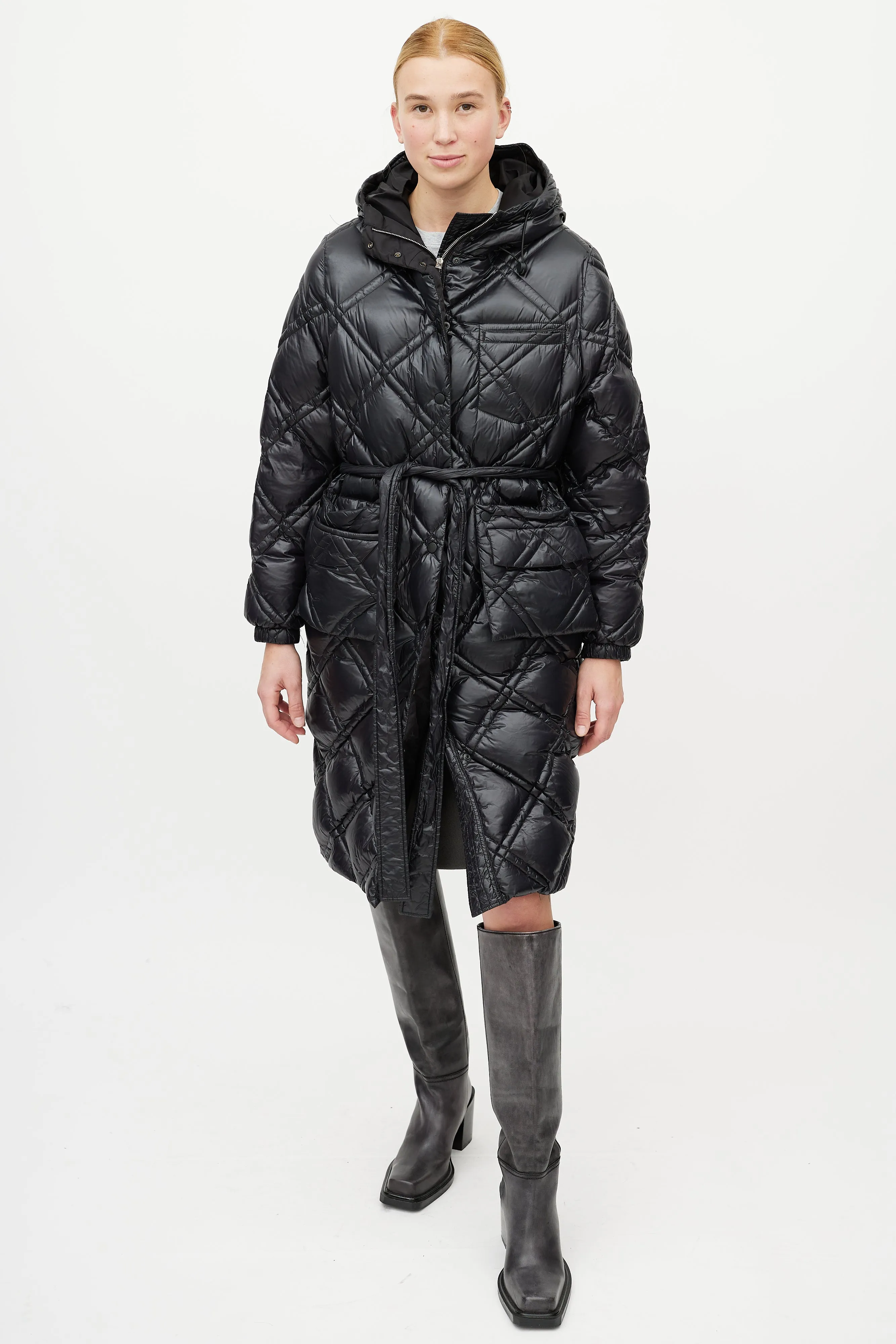 Black Quilted Belted Down Coat