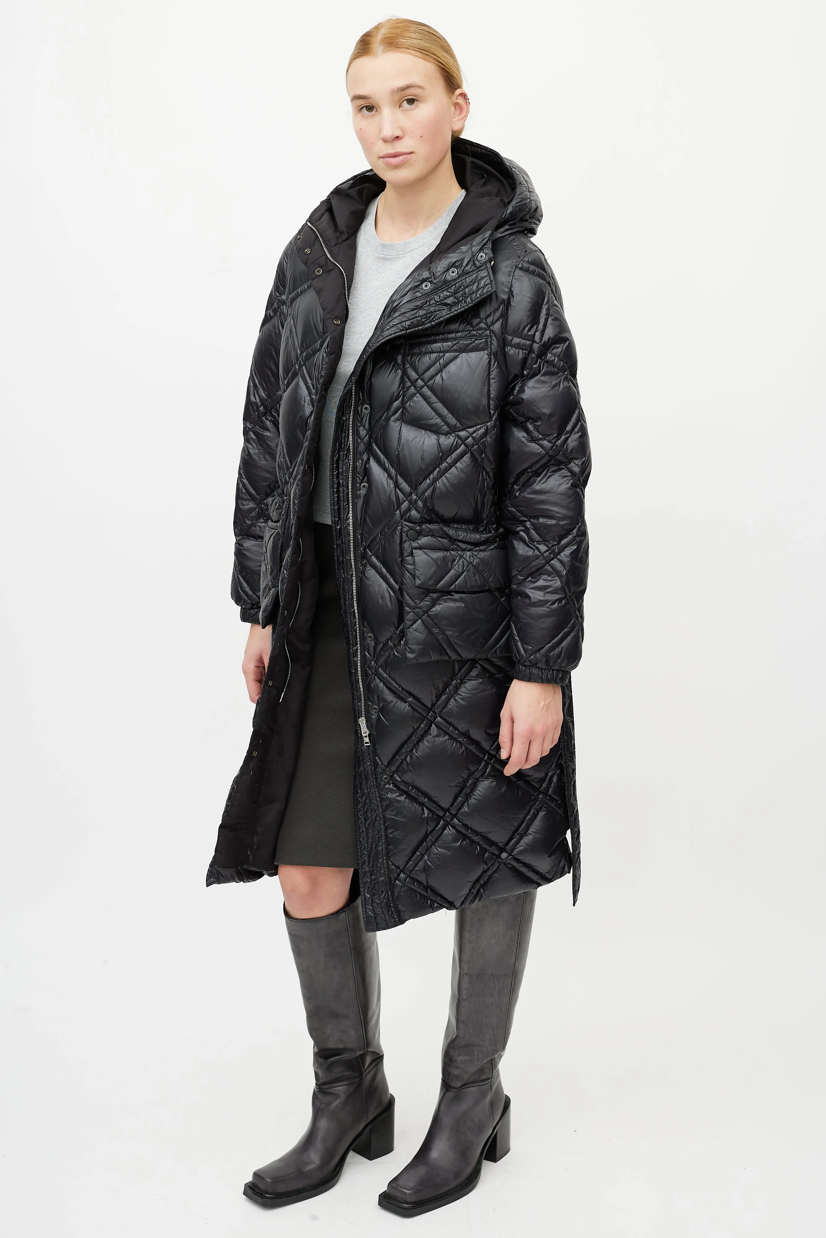 Black Quilted Belted Down Coat