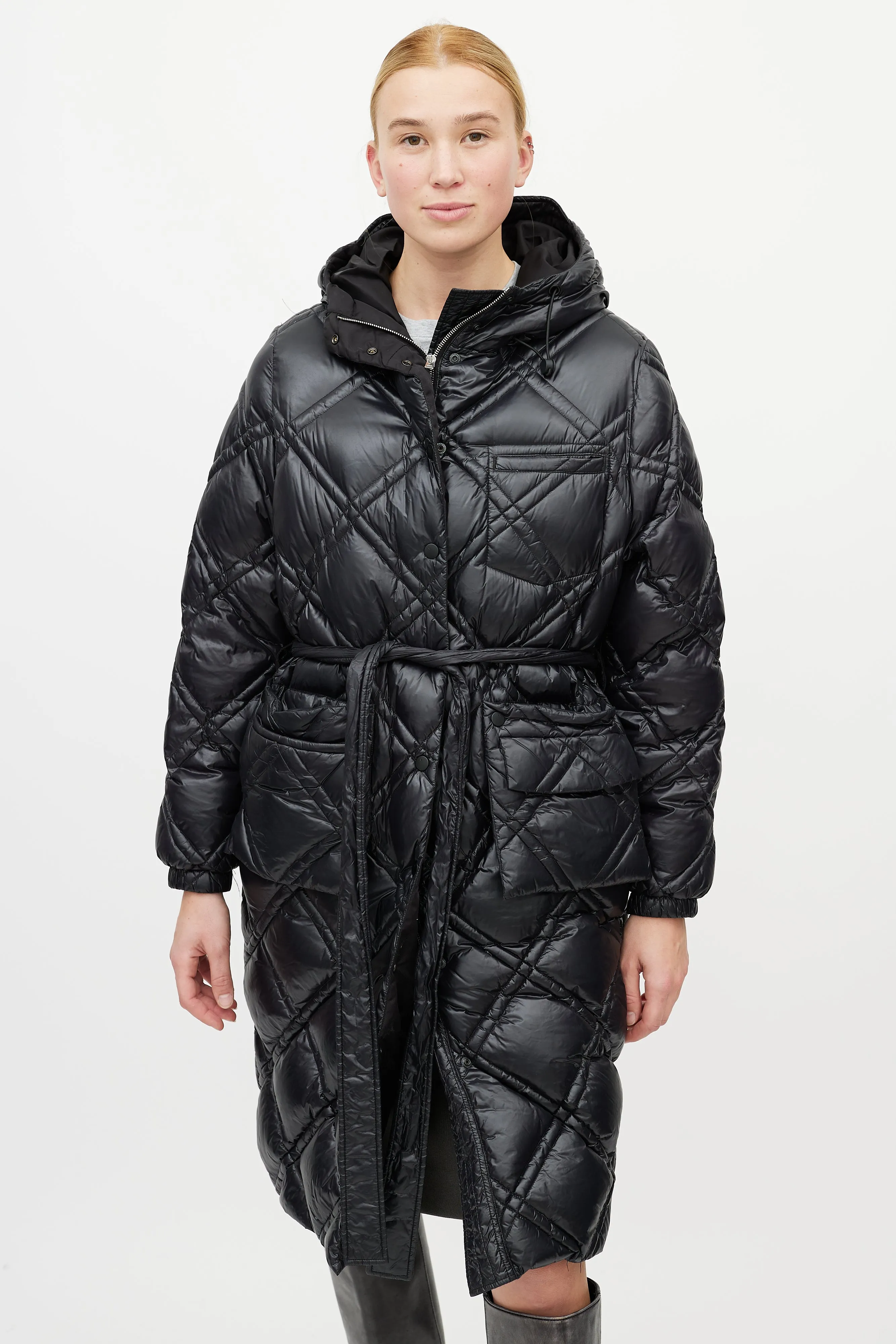 Black Quilted Belted Down Coat