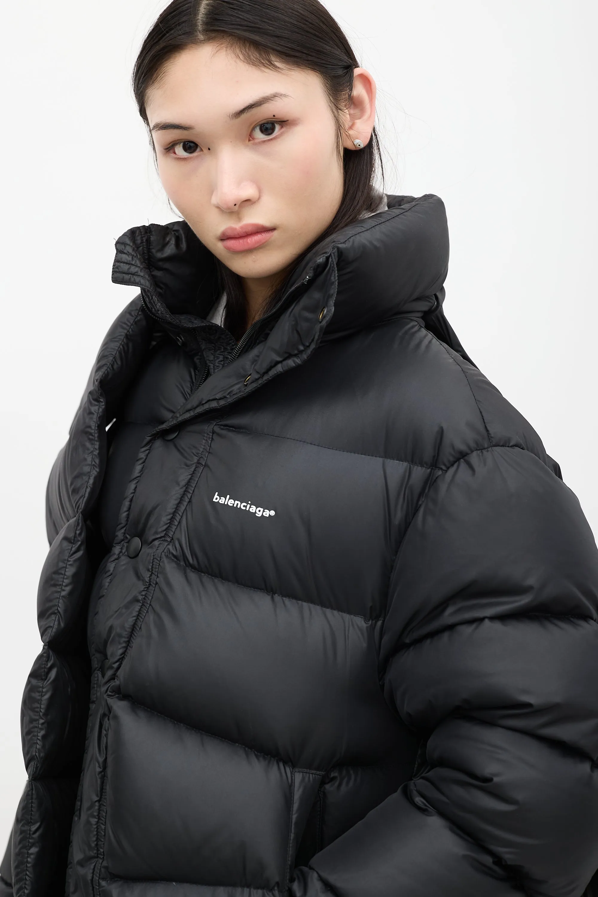 Black Quilted Logo Puffer Coat