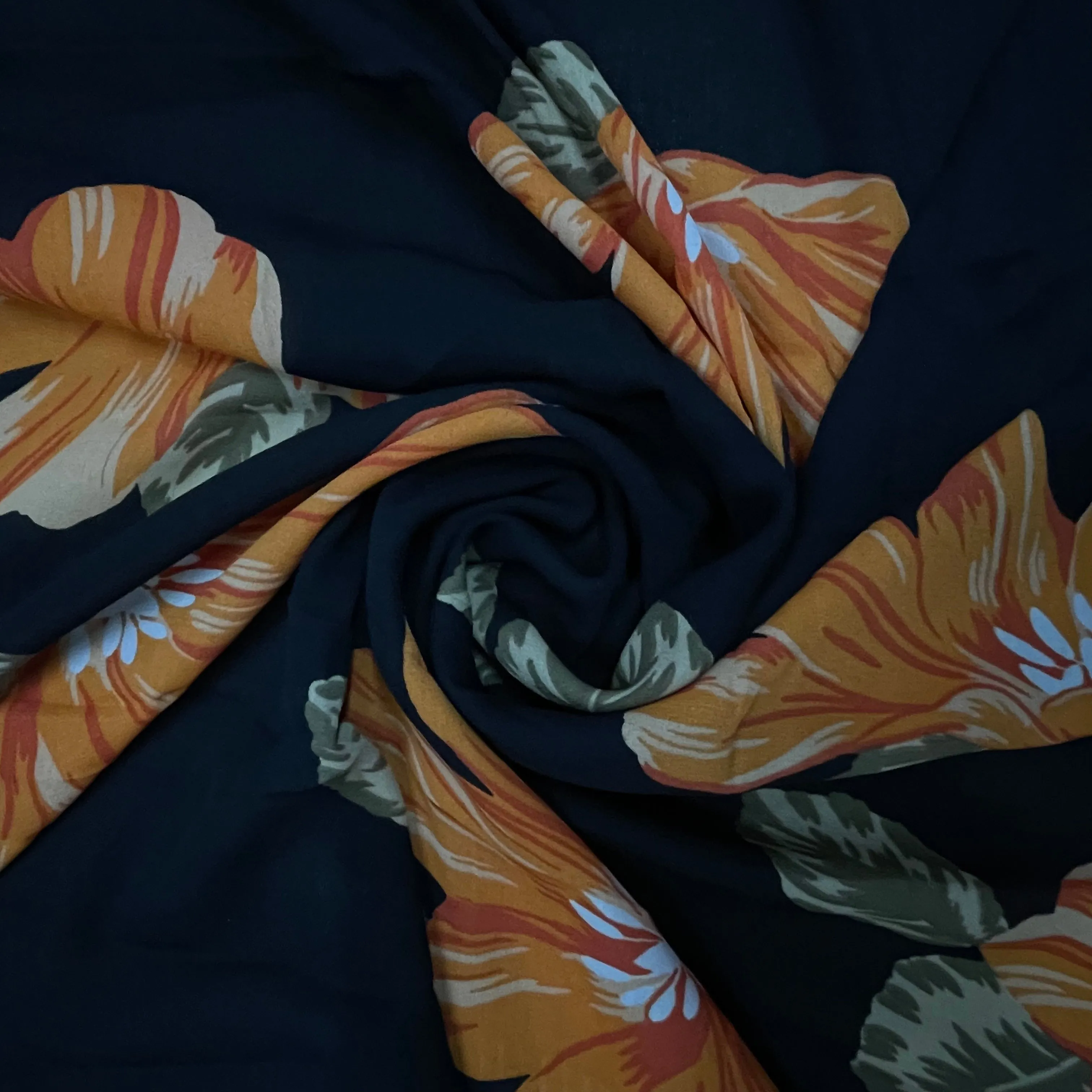 Black With Orange Floral Crepe Fabric