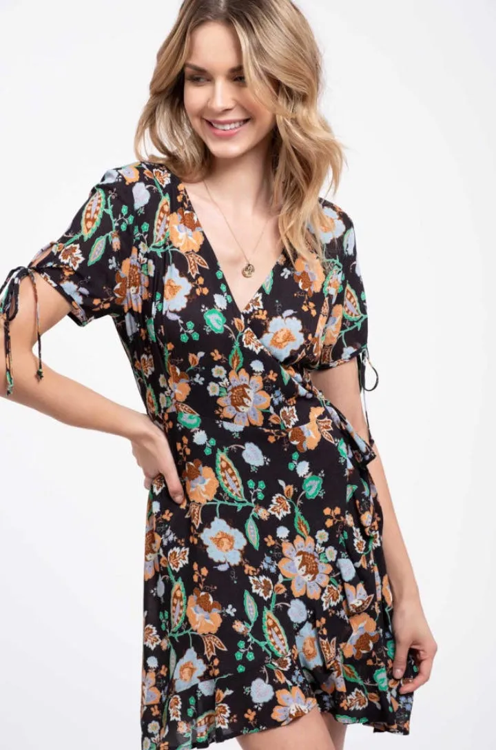 Blu Pepper Black Floral Wrap Mini Dress