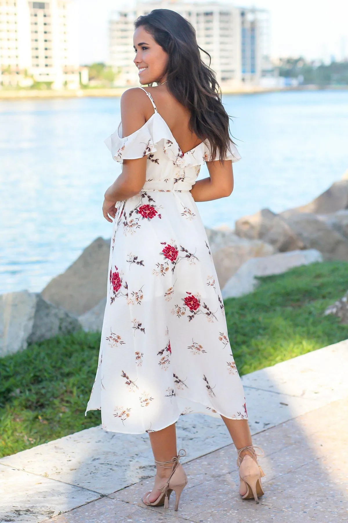 Blue Blush White Floral V Neck Wrap Maxi Dress