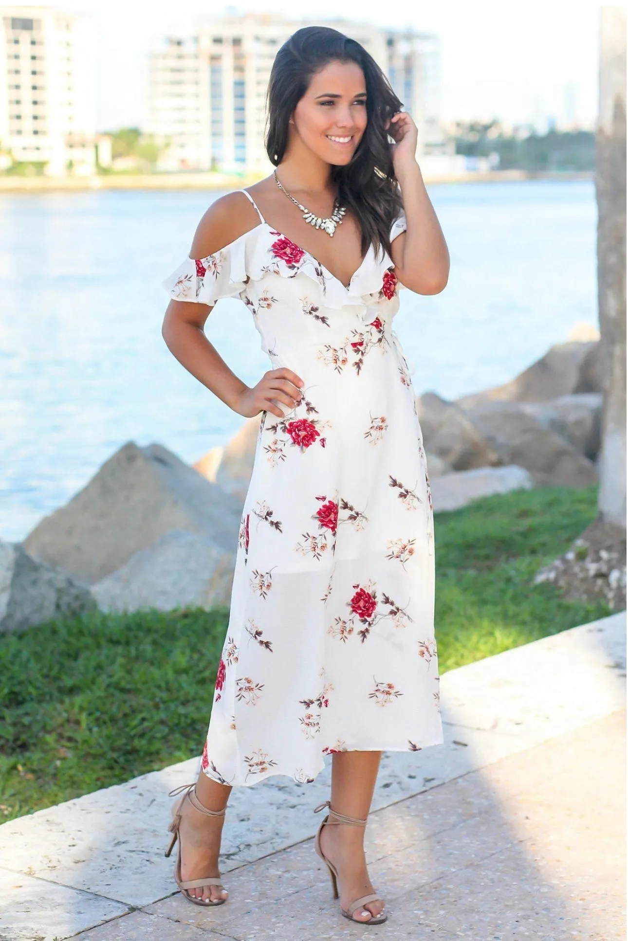 Blue Blush White Floral V Neck Wrap Maxi Dress