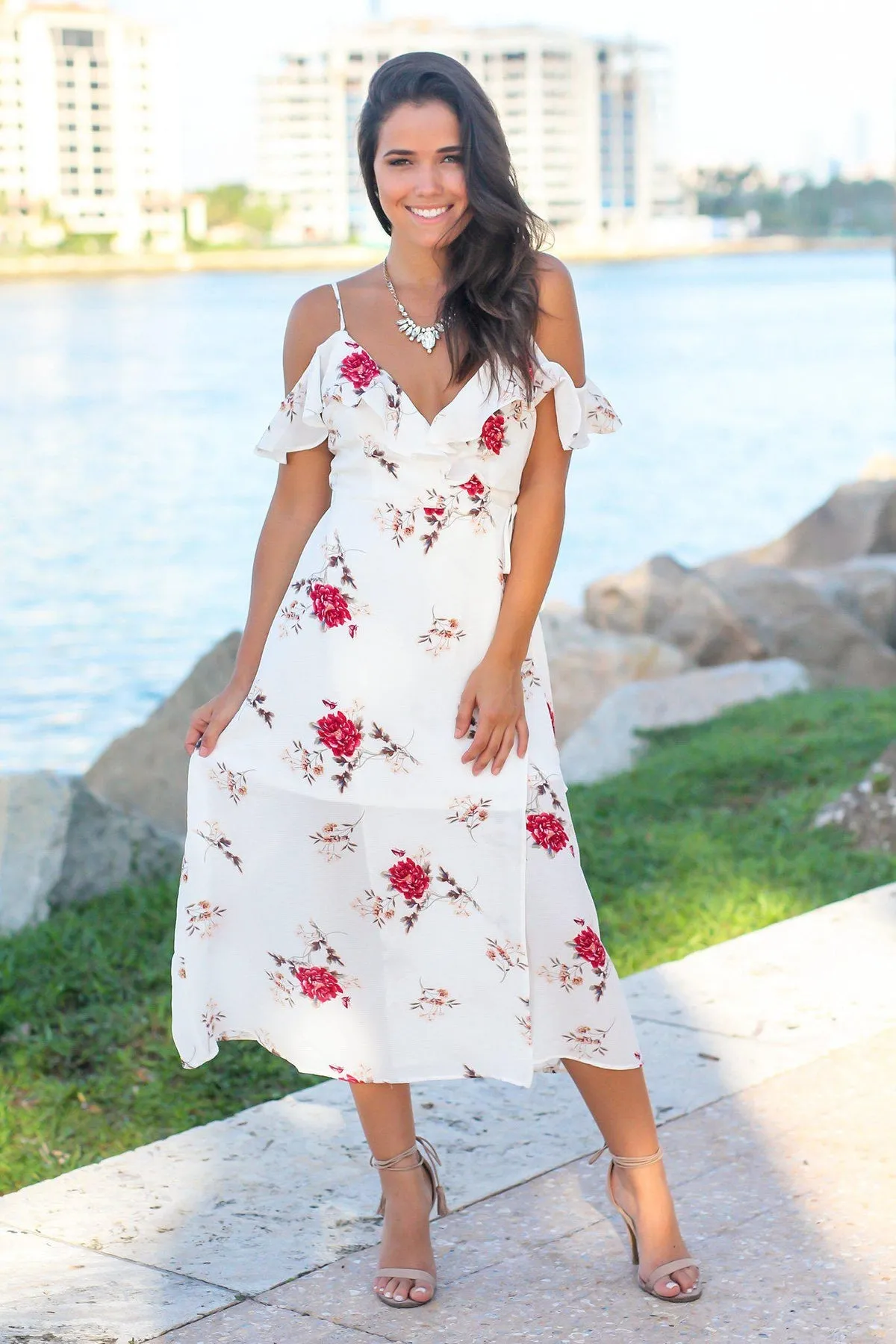 Blue Blush White Floral V Neck Wrap Maxi Dress