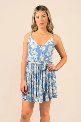 Blue Tropical Floral Wrap Bodice Dress