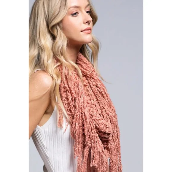 Blush Pink Net Boucle Yarn Fringe Winter Fall Casual Women's Scarf